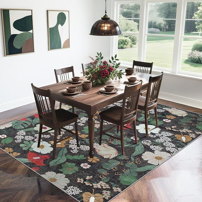 Area Rug Living Room Rugs: 5x7 Washable Rug Vintage Floral Soft Boho Non Slip Carpet Indoor Floor Non Shedding Low Pile Thin Carpets for Bedroom Dining Room Farmhouse Nursery Home Office Green