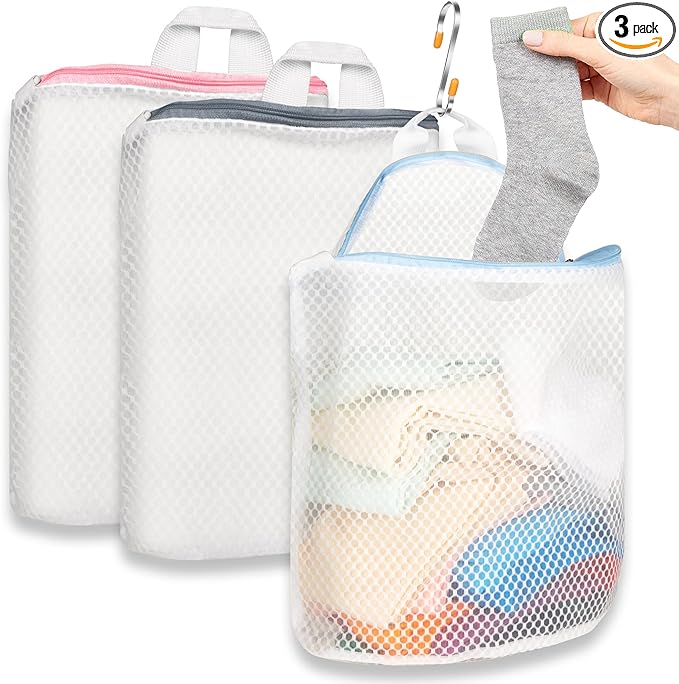 3Pcs Hanging Laundry Bags for Socks with S Hooks, 3 Color Mesh Laundry Bags for Washing Machine