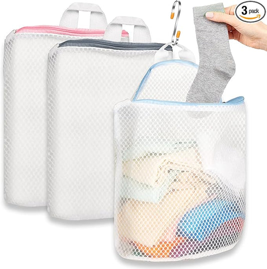 3Pcs Hanging Laundry Bags for Socks with S Hooks, 3 Color Mesh Laundry Bags for Washing Machine