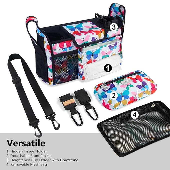 TOPDesign Universal Baby Stroller Organizer, Stroller Caddy with Detachable Mesh Bag & Heightened Insulated Cup Holders & Non-Slip Secure Hooks Accessories, Fits Most Strollers (Colorful Butterfly)