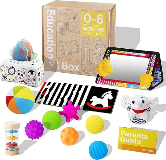 Montessori Toys for Babies 0-6 Months,7 in 1 Newborn Toys Baby Gifts Set Early Learning Toys with Black & White Baby Flashcards,Tummy Time Mirror,Baby Rattle,Sensory Balls,Tissue Box Toys,Rain Stick