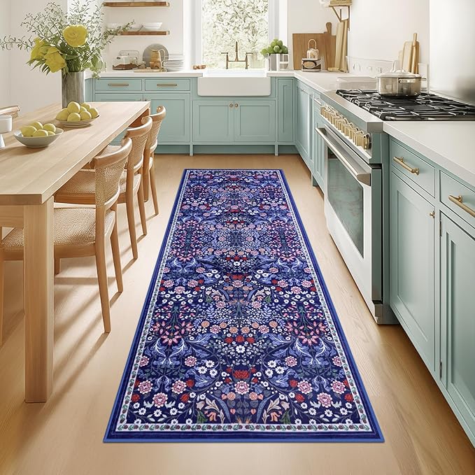 Runner Rug for Entryway: 2.6x8 Kitchen Rugs Non Slip Washable Ultra-Thin Soft Floral Carpet Indoor Floor Stain Resistant Carpets for Hallway Bedroom Kitchen Laundry Bathroom Dorm Blue