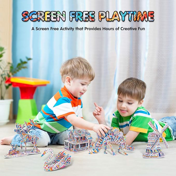 BEARUN 3D Coloring Puzzle Set, Arts and Crafts for Girls and Boys Age 6 7 8 9 10 11 12 Year Old, Fun Educational Painting Crafts Kit with Supplies for Kids, Birthday Toy Gift for Kids