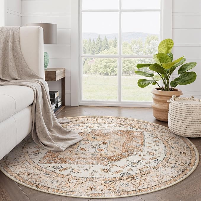 Lahome Boho Round Rugs - 4Ft Washable Non-Slip Small Round Area Rug Throw Lightweight Round Nursery Carpet Kids，Oriental Distressed Print Kitchen Mat for Bedroom Entryway Bathroom Living Room