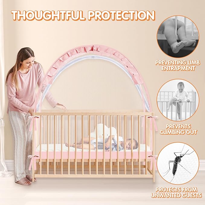 Crib Tent to Keep Baby from Climbing Out - Crib Net to Keep Baby in - Pop Up Breathable Cribs Cover - Canopy with Upgrade Strong Mesh and Durable Zipper (Pink, Lager)