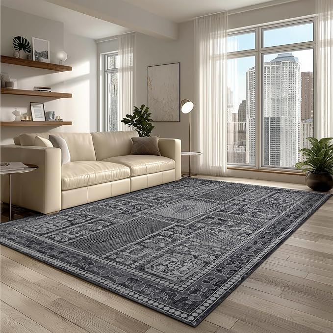 9x12 Area Rug Living Room Rugs, Stain Resistant Washable Rug, Vintage Large Non-Slip Backing, Low Pile Lightweight Print Rug for Bedroom Dinning Room Home Office (Grey)