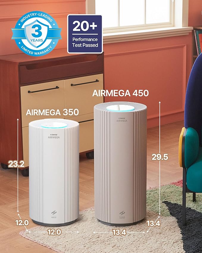 COWAY Air Purifiers for Large Room Whole Home Up to 3,285ft², True HEPA Filter for Smoke, Allergen, Pet Dander, Odor, PM(1, 2.5, 10), AQI, Turbo Eco Mode, Energy Star, 3yr Warranty, Airmega 450 Beige