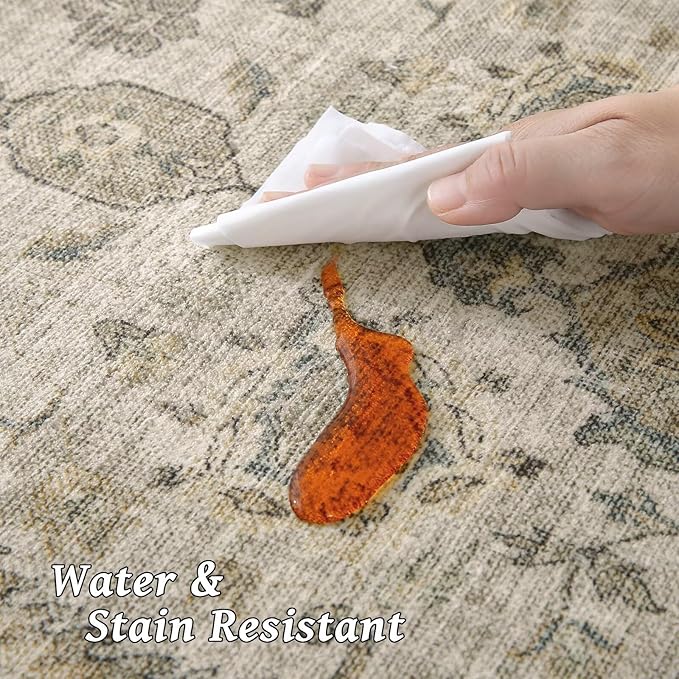Washable 5x7 Area Rugs for Living Room, Boho Non-Slip Silicone Backing Rugs for Bedroom Dining Room Nursery Office, 0.3" Neutral Oriental Throw Carpet with 0.16" Cushioning Pad, Light Brown/Multi