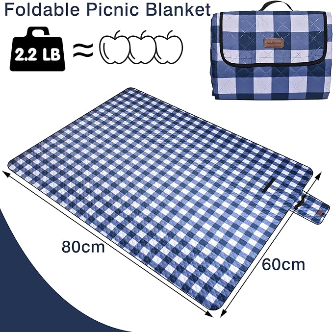 Extra Large Picnic Blanket 80''x 60'' Picnic Mat Waterproof Sand Proof Foldable for Beach, 5-Layer Outdoor Blanket for 6 to 8 Adults,Camping Lawn Hiking Park Music Festival Wedding Mats(Navy Blue)