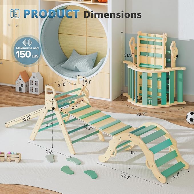 BlueWood 10-in-1 Pikler Triangle Set, Toddler Climbing Toys Indoor, Montessori Climber, Baby Jungle Gyms with Arch, Extra Rope Ladder & Footprint Balance Beam - Emerald Forest
