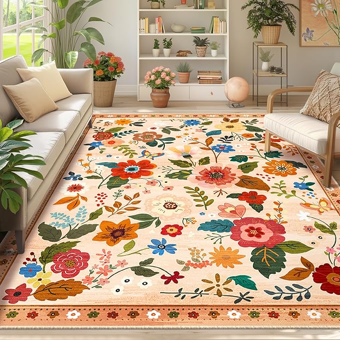 Floral 8x10 Area Rug Machine Washable Soft Print Boho Carpet Non Slip Doormat Low Pile Flower Area Rugs for Living Room Bedroom Nursery Kitchen Dining Room Indoor-Light Orange