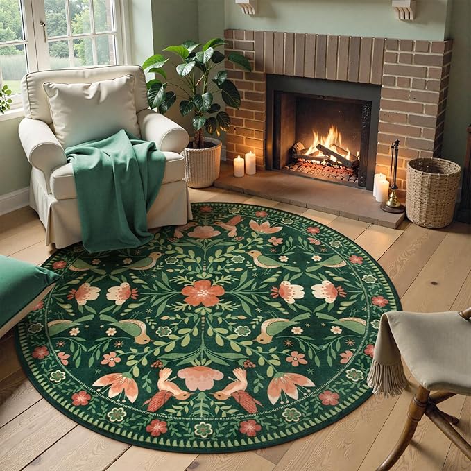 Moynesa Machine Washable Round Rug, 6ft Circle Area Rug for Living Room Non Slip, Ultra Thin, Soft, Indoor Boho Bird Dark Green 6'x6' Carpet for Bedroom Office Under Table Kid Playroom
