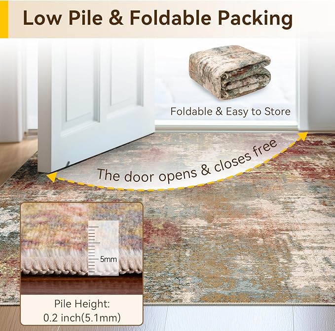 Washable Area Rugs 2'x3' Non-Slip Modern Abstract Soft for Living Room Entryway Bedroom Nursery, Print Pattern, Brown Rust Red Multi