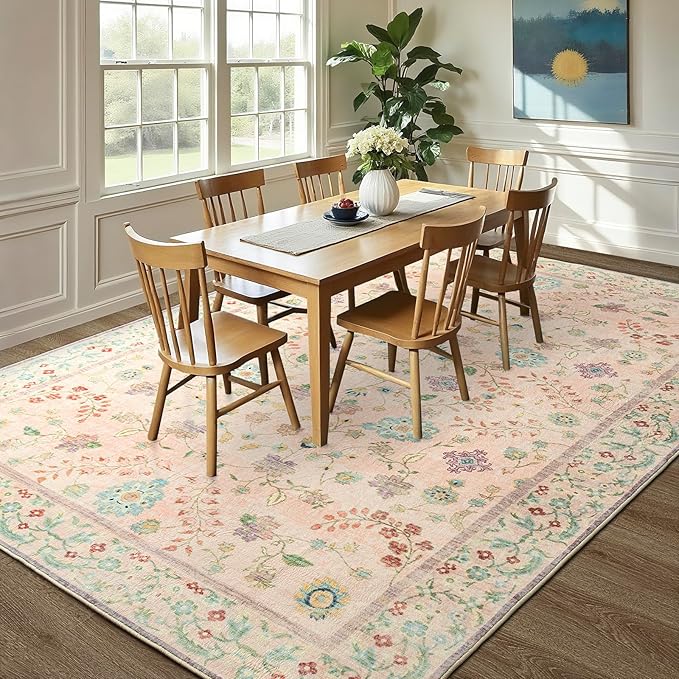 LOCHAS Washable Area Rugs 6x9, Pink Floral Rug for Living Room Bedroom Non Slip, Ultra Soft Vintage Indoor Carpet for Kids, Nursery, Dorm, Dining Room, Classroom, Boho Flower Home Decor, Low-Pile