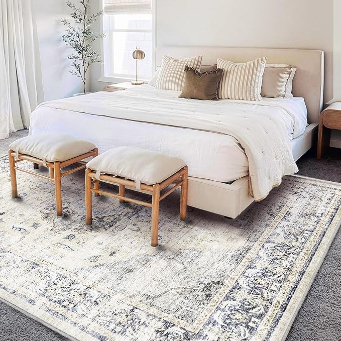 Washable Area Rug 10'x14' Floral Blue Boho Design Non-Shedding Easy Care Ideal for High Traffic Areas in Living Room Bedroom Office Coffee Table Kitchen Large Carpet