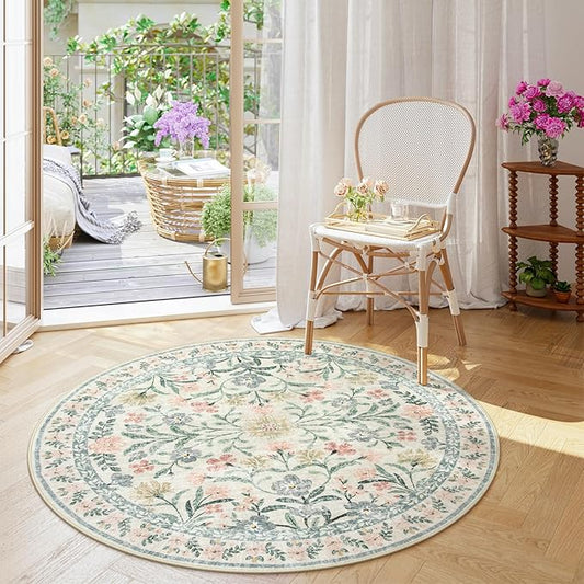 Wonnitar Floral Round Rugs 6ft, Boho Large Machine Washable Circle Rug, Low Pile Soft Flower Botanical Print Beige Round Carpet for Living Room Bedroom Dorm Sunroom