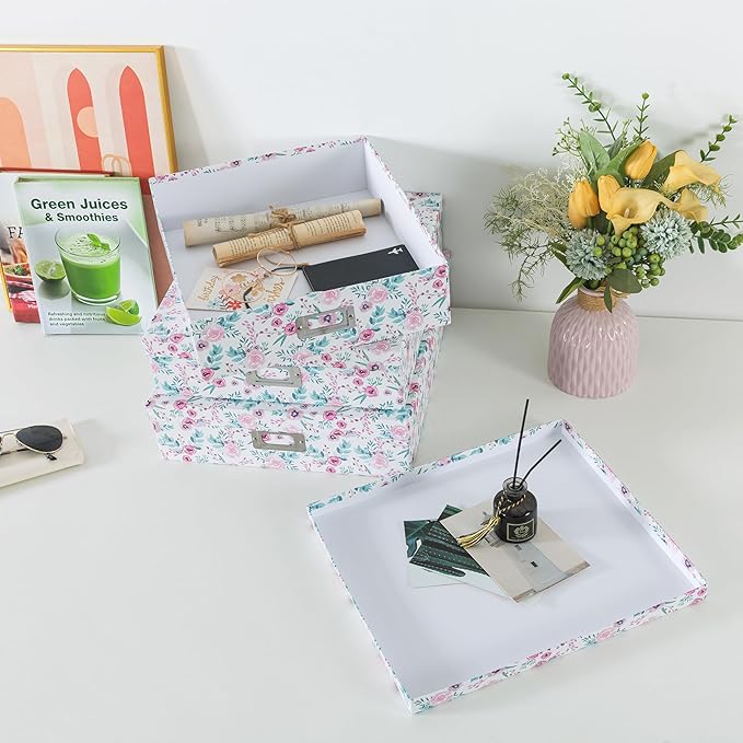 Soul & Lane Floral Decorative Storage Boxes With Lids, Set of 3 Pretty Nesting Cardboard Letter Storage Boxes for Photos, Documents, Scrapbooks, Keepsakes, Memories