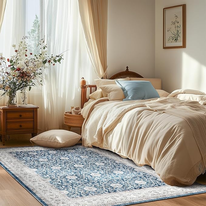 jinchan Floral Area Rugs 4x6 Machine Washable Vintage Distressed Boho Design Throw Rug Stain Resistant Carpet Low Pile Ultra-Thin Non-Slip for Bedroom Living Room Dining Room Kitchen(4‘x6',Drak Blue)