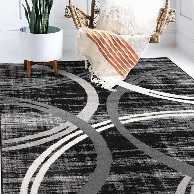 Rugshop Modern Wavy Circles Design Area Rug 3'3" x 5' Black