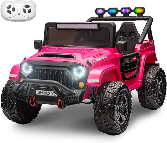 24V 2 Seater Ride On Truck with Remote Control 4WD Electric Car for Kids Ride On Car Battery Powered Ride On Toy Car with Music Player, LED Lights, Bluetooth, Rear Shock Absorber, Hot Pink