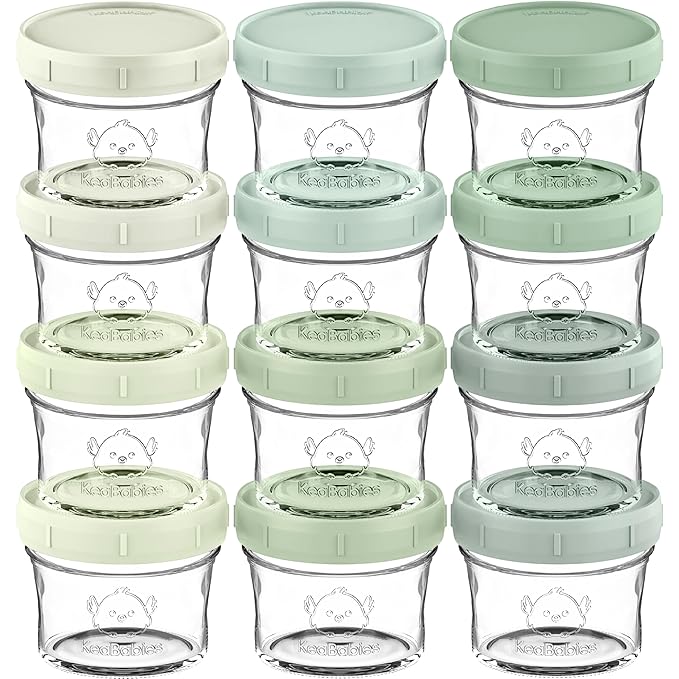 KeaBabies 12pk 4oz Glass Baby Food Containers with Lids - Leak-Proof, Microwavable Small Glass Jars, Baby Purees & Toddler Snack Storage Containers, BPA-Free, Dishwasher & Freezer Safe (Sage)