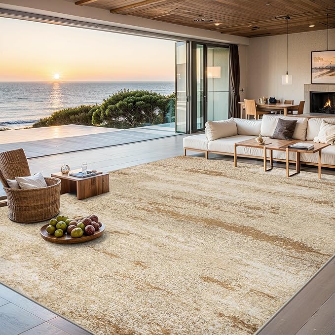 Area Rugs 9x12 Living Room - Washable Rug Modern Abstract Soft Large Neutral Non-Slip Carpet Indoor Floor Stain Resistant Thin Carpets for Bedroom Dining Room Farmhouse Nursery Home Office Beige