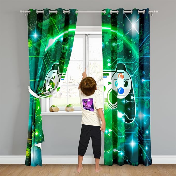 Gaming Curtain for Boys - 2Pcs Gamer Curtain Panels for Boys Bedroom Blackout Drapes Modern Games Patterns Windows Curtains Green Game Room Decor Grommet Top Curtains, 82" x 84"