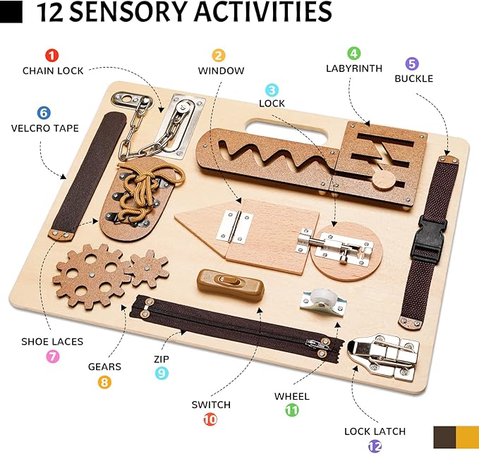 Montessori Busy Board for Toddlers, Wooden Sensory Toys, Preschool Learning Activities for Fine Motor Skills Travel Toy, Basic Life Skills Educational Gifts for 1, 2, 3 Years Old Kids Boys Girls