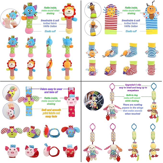 Baby Rattles & Socks - Wrist & Ankle Rattle Toys, Hanging Rattle, Activity Gift for Infants (12 B)
