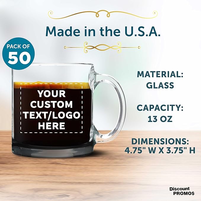 Custom Libbey Clear Glass Coffee Mugs 13 oz. Set of 50, Personalized Bulk Pack - Perfect for Coffee, Tea, Espresso, Hot Cocoa, Other Beverages - Black Bottom