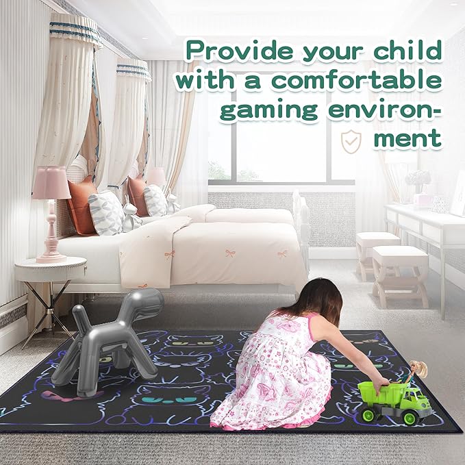 Black Play Cat Rug for Playroom for Boys Girls 2x3 Funny Cute Cat Cartoon Decor for Bedroom Living Room Non-Slip Comfy Floor Casual Mat Carpet Washable