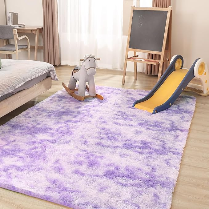 Area Rugs 9x12, Fluffy Rugs for Living Room, Ultra Soft Rugs for Bedroom, Non-Slip Indoor Carpet for Nursery, Kids Room, Playroom, Home Decor, Tie-Dyed Purple