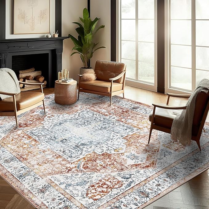 Area Rug 9x12 Washable Tangerine Vintage Traditional Mat Distressed Indoor Foldable Thin Retro Accent Floral Non Slip Carpet for Living Room Dining Room Office