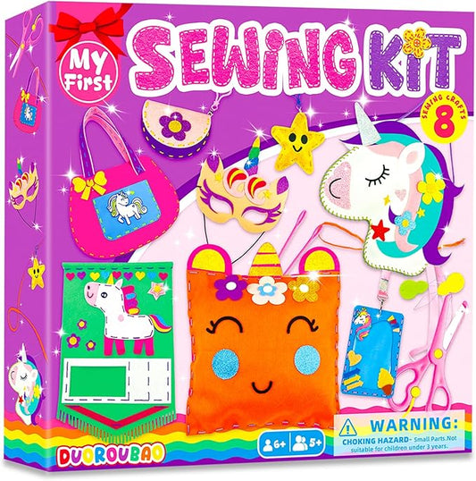 DUOROUBAO 8-in-1 Sewing Kit for Kids, Unicorn Kids Sewing Kits for Ages 5-10 Girls Beginner Easy to Do Craft Kits No Mess with Full Instructions My First Sewing Kit Birthday Christmas Gift for Girl