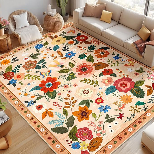 Floral 9x12 Area Rug Machine Washable Soft Print Boho Carpet Non Slip Doormat Low Pile Flower Area Rugs for Living Room Bedroom Nursery Kitchen Dining Room Indoor-Light Orange