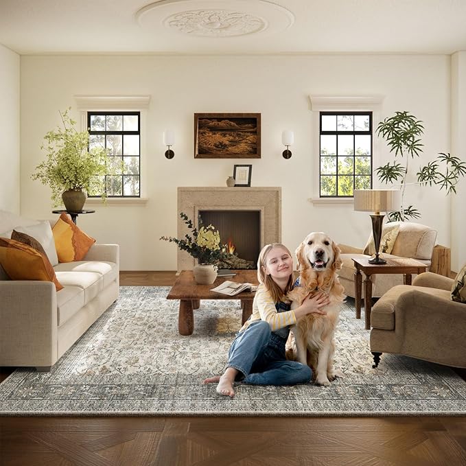 Machine Washable Rugs for Living Room: 9x12 Area Rugs for Bedroom Vintage Stain Resistant Non Slip Low Pile Soft Boho Carpet for Kitchen Dining Room Farmhouse Kids Room Nursery