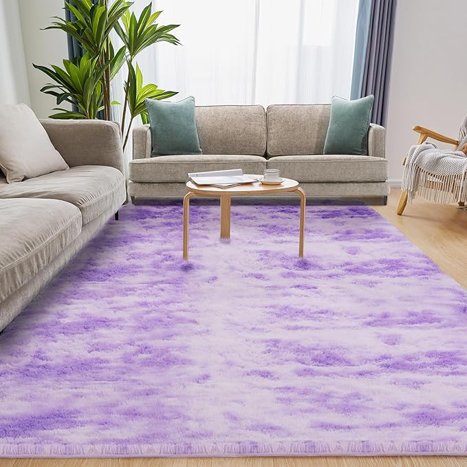 Plush Area Rug 4x5.8, Ultra Soft Rugs for Living Room, Fluffy Carpet Rugs for Bedroom, Non-Slip Indoor Rug for Nursery, Study Room, Playroom, Home Decor, Tie-Dyed Purple