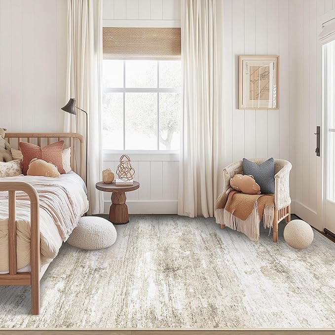 Washable Rug 5x7 Area Rugs for Living Room: Neutral Soft Rug Abstract Non Slip Low Pile Modern Carpet for Bedroom Kitchen Nursery Office Dining Room Indoor (Beige, 5'x7')
