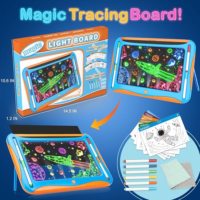 Magic LED Drawing Board for Kids, Toys for Boys Ages 5-7, Light Up Tracing Pad with 9 Double-Sided Cards, 6 Washable Pens, Glow Up Toys for Kids 4-6 Year Old Christmas Birthday Gifts