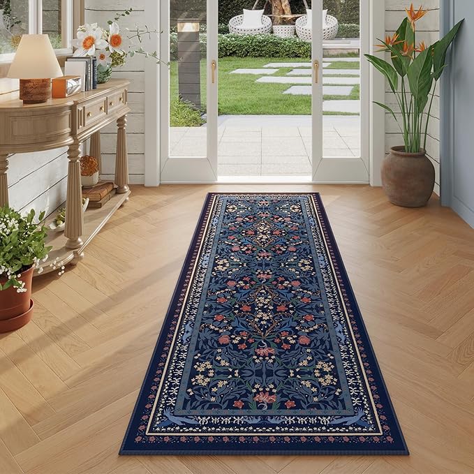 Runner Rug for Kitchen Rug Non Slip 2'x6' Washable Rugs with Rubber Backing Soft Vintage Floral Botanical Carpet Runner for Kitchen, Laundry, Bedroom, Bathroom, Blue