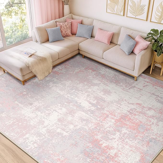 Washable Area Rugs 2'x3' Non-Slip Modern Abstract Soft for Living Room Entryway Bedroom Nursery, Print Pattern, Grey Pink