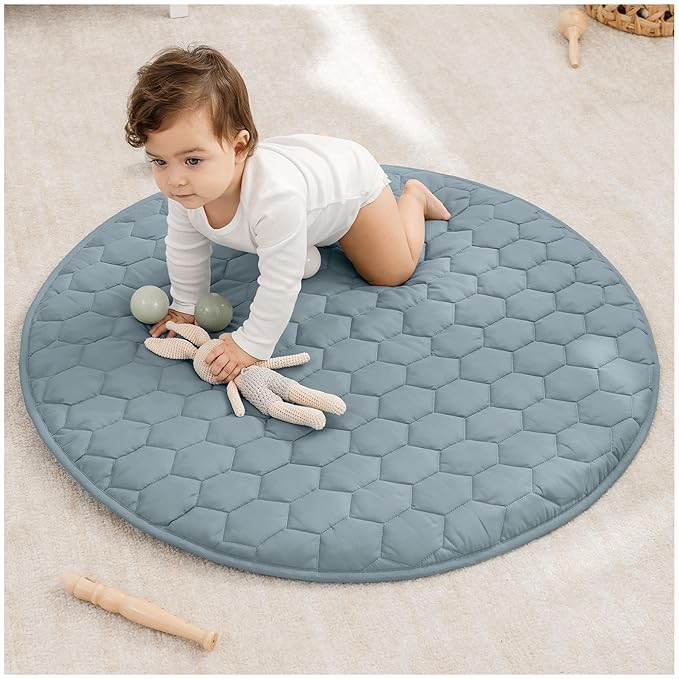 Comfy Cubs Round Kids Play Mat -Small 36 inches Soft Quilted Baby Floor Mat with Non-Slip Bottom - Plush Design for Toddlers' Playtime and Relaxation - Comfortable and Durable - Pacific Blue