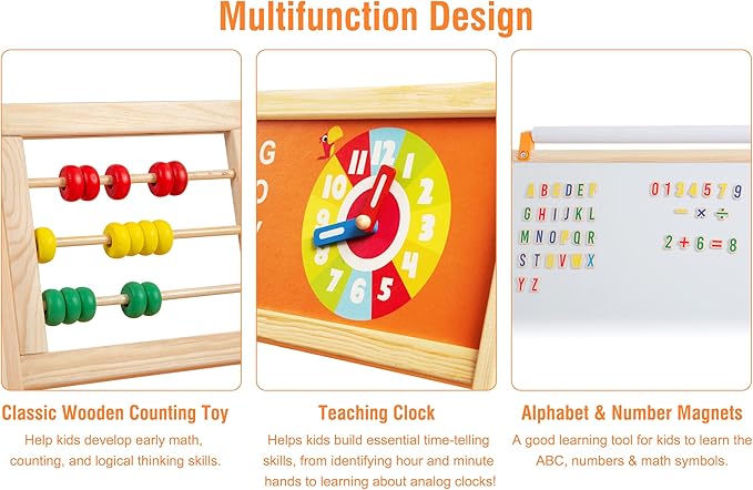 3-in-1 Wooden Easel for Kids, Toddle Double-Sided Easel with Magnetic Whiteboard and Painting Blackboard, 360° Rotatable, Paper-roll Holder, Storage Tray, and Stickers Included