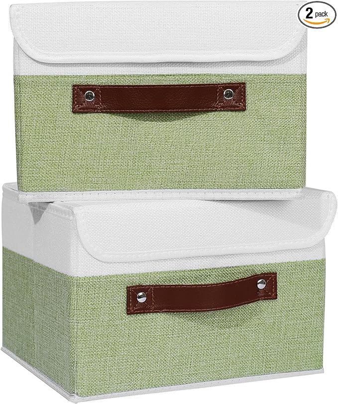 ANMINY 2PCS Storage Boxes with Lid Washable Decorative Storage Bins Basket with PU Leather Handle Foldable Linen Fabric Storage Cubes Containers for Home Closet Organizer - Green White, Small Size