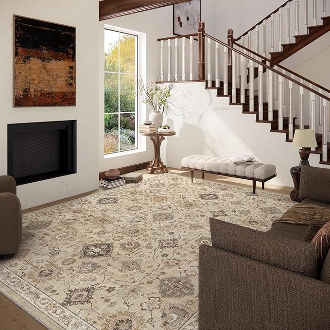 Machine Washable Rug for Living Room: 5x7 Area Rugs Boho Vintage Rug Stain Resistant Non Slip Low Pile Soft Lightweight Carpets for Bedroom Kitchen Dining Room Nursery Kids Room Farmhouse