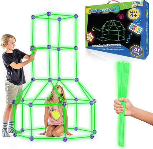 Fun Forts Glow Fort Building Kit for Kids - 81 Pack Glow in The Dark STEM Building Toys Indoor Outdoor Play Tent for Kids Construction Toys with 53 Rods and 28 Spheres