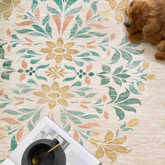 jinchan Round Rug 8ft Area Rugs,Vintage Floral Distressed Design Machine Washable Soft Non-Slip Low-Pile Ultra-Thin Circle Rug for Living Room Dining Room Bedroom Home Office (8' Round,Apricot Multi)