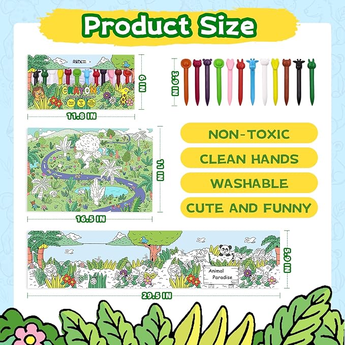 R&DLanci Animal Crayons for Kids, 11-colors Washable Crayon Set with Eraser & Drawing Paper, Non-Toxic Crayon, Easy to Hold, Mess-Free Crayons for Toddlers, Art Supplies for Toddlers and Kids Ages 3+