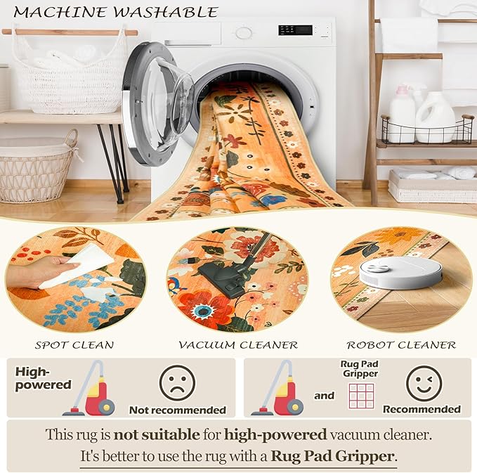 Floral 8ft Area Rug Machine Washable Soft Print Boho Carpet Non Slip Doormat Low Pile Flower Area Rugs for Living Room Bedroom Nursery Kitchen Dining Room Indoor-Yellow/Orange