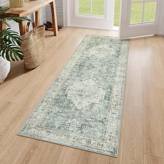 LIVEBOX Washable Rug 2x4 Kitchen Mats for Floor Entryway, Non Slip Front Door Mat for Bathroom Hallway, Boho Low-Pile Small Carpet Farmhouse Indoor Runner Rugs for Bath, Sage Green
